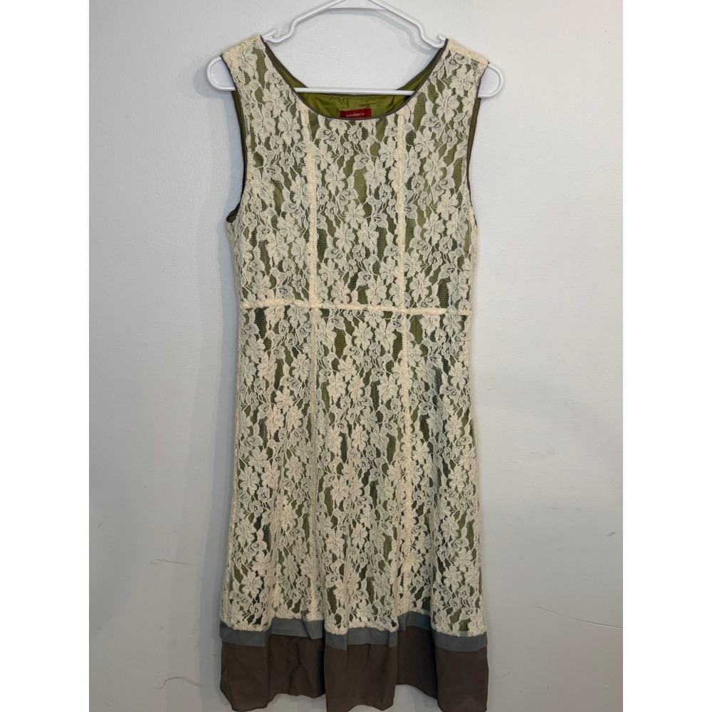 Sundance Orly Lace Shift Dress Size 8 EUC Cream Green‎ Silk Trim